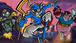 Sly Cooper and his companions leaping through the air