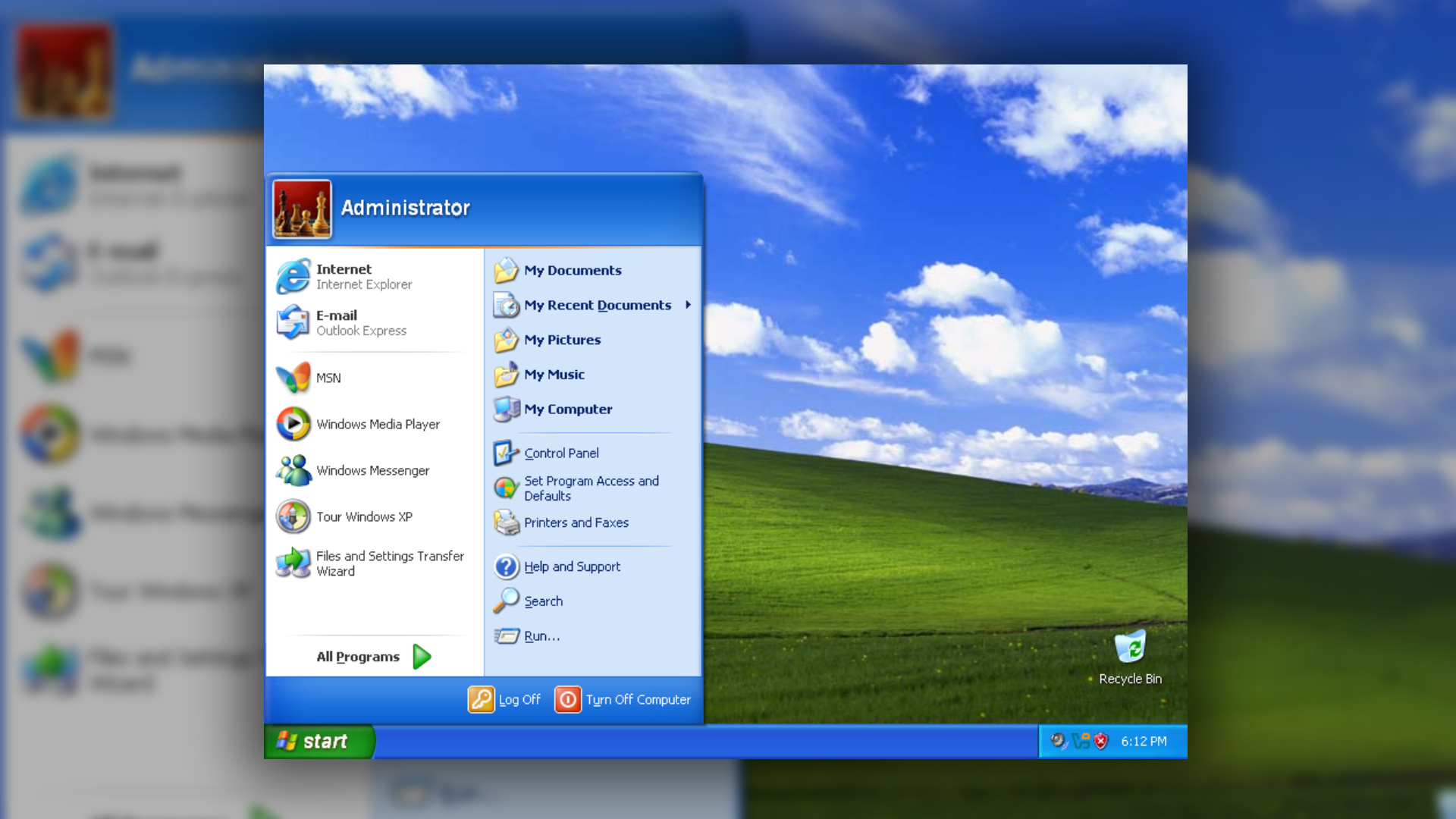 Windows XP start menu