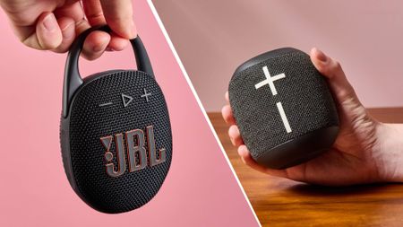 Person holding JBL Clip 5 next to someone holding the UE Wonderboom 4