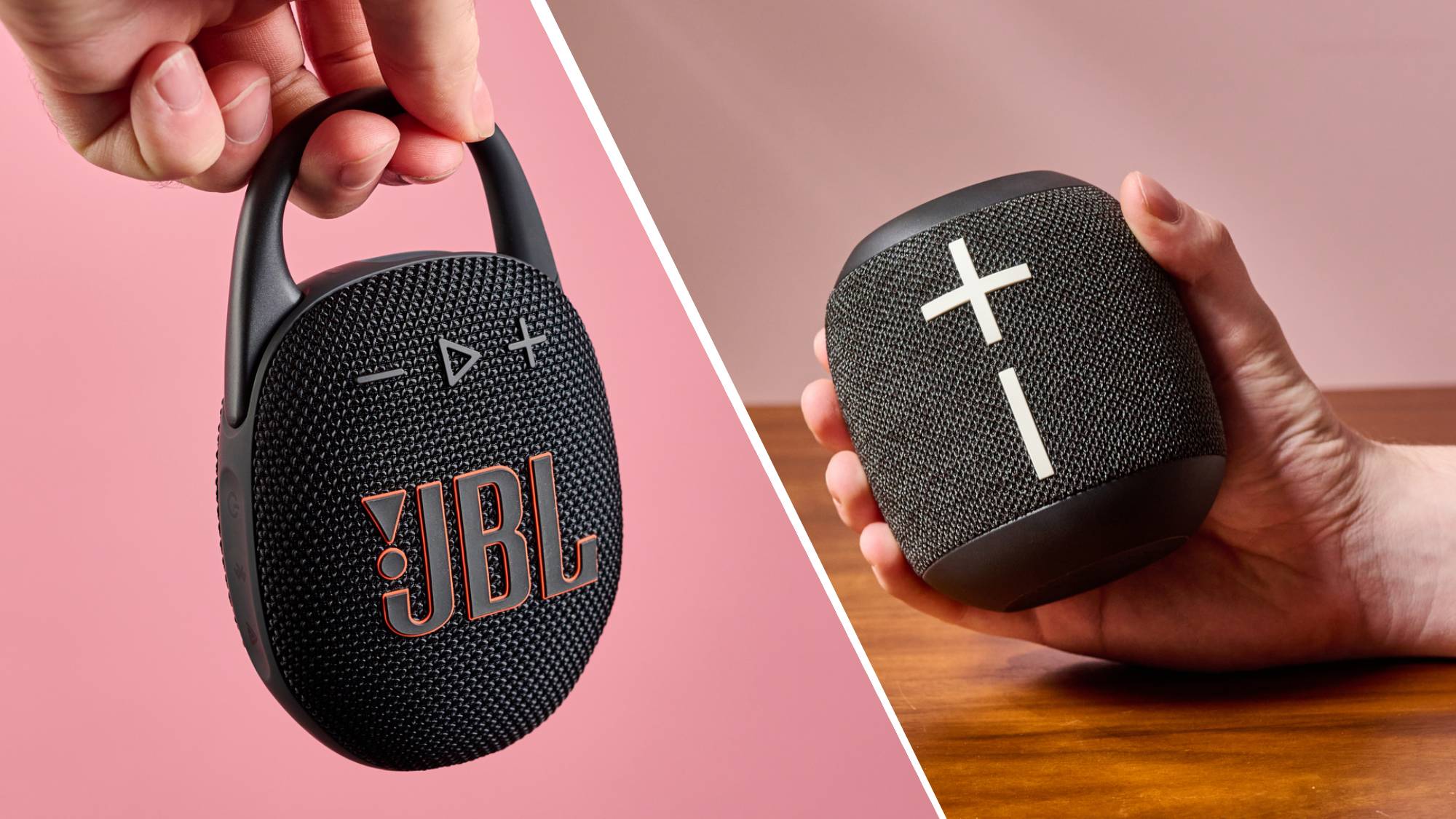 Person holding JBL Clip 5 next to someone holding the UE Wonderboom 4