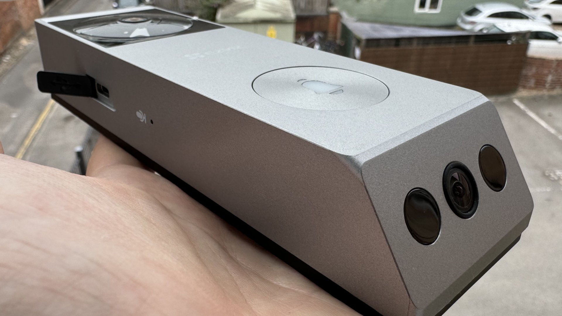 Base of EZViz EP3x Pro video doorbell including bottom camera lens