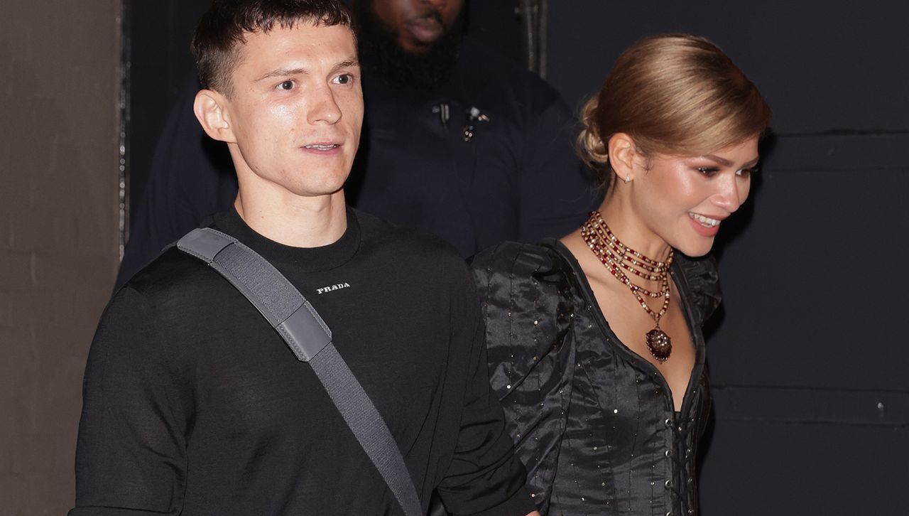 Zendaya and Tom Holland leave the premiere of romeo and juliet where zendaya wears a vivienne westwood gown