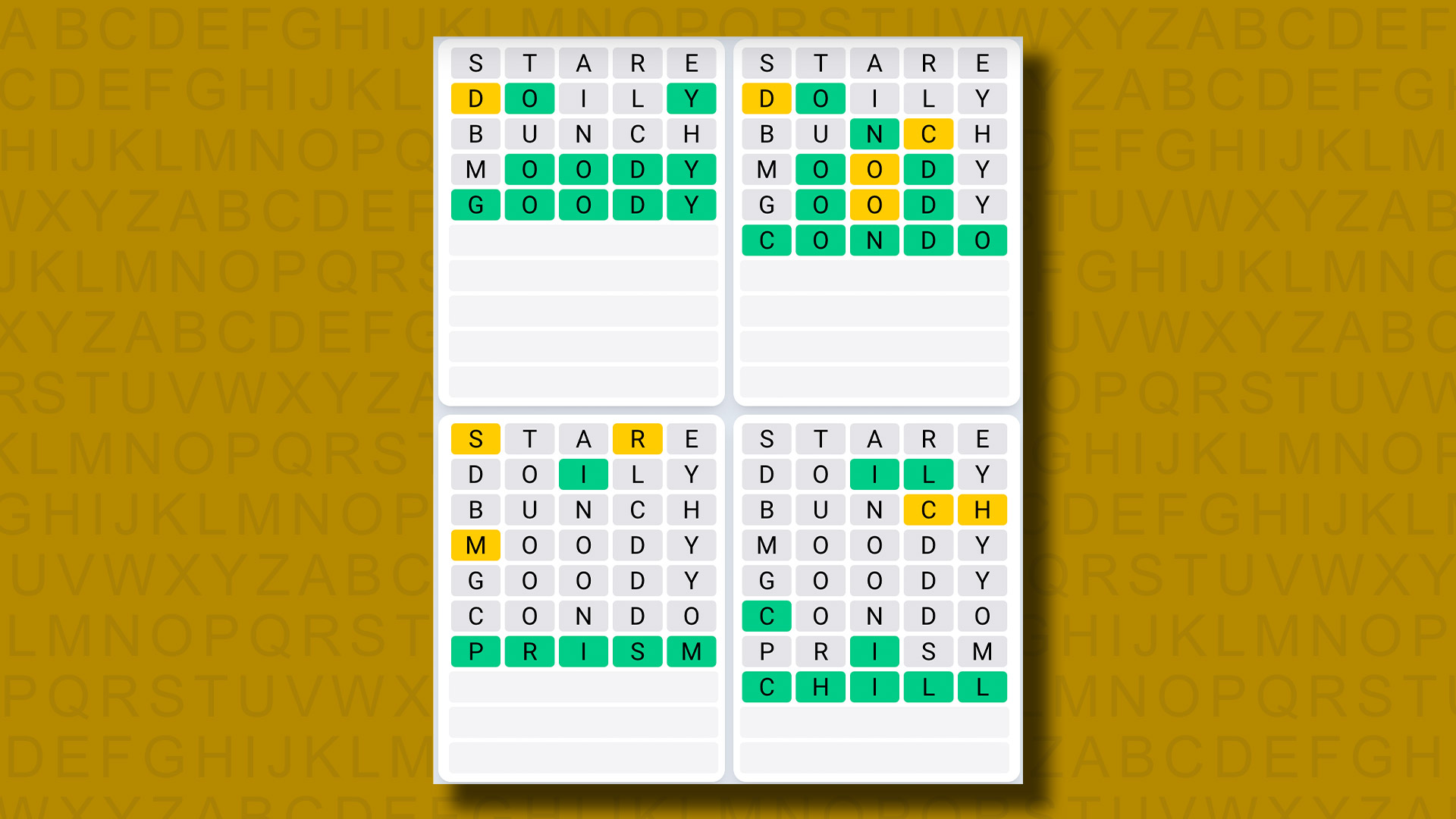 Ежедневная последовательность ответов Quordle для игры 820 на желтом фоне