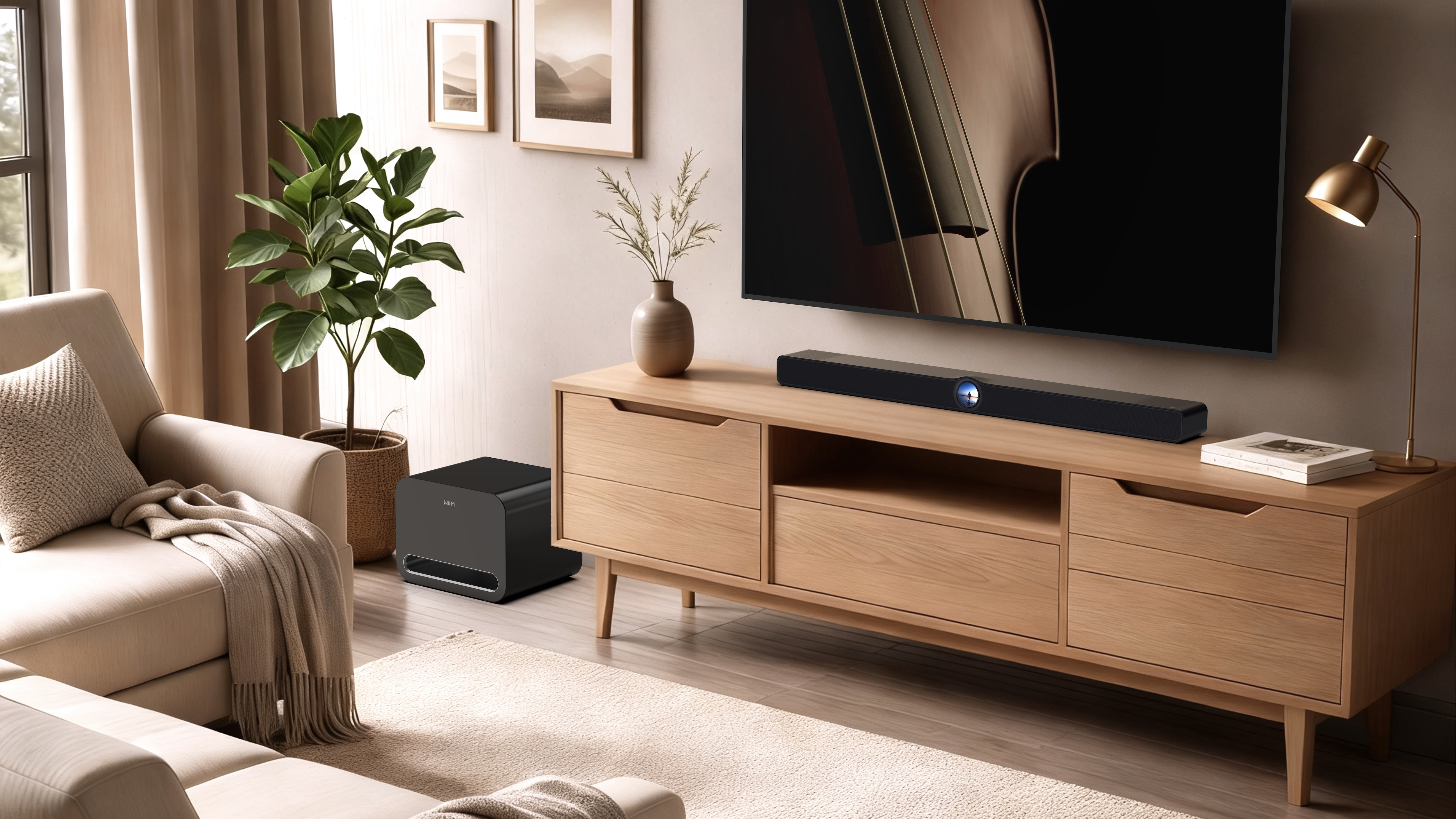 Wiim soundbar on a light brown table under a TV.