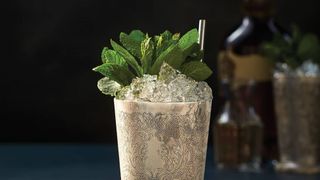 Julep cup with crushed ice and a sprig of mint