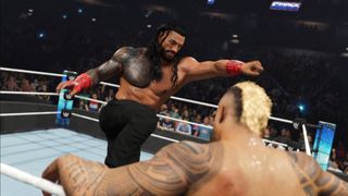 Promotional trailer screenshot of Roman Reigns fighting Solo Sikoa in WWE 2K25