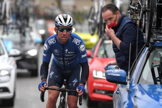 NOKERE BELGIUM MARCH 17 Mark Cavendish of United Kingdomand Team Deceuninck QuickStep Dominique Landuyt of Belgium Mechanic of Team Deceuninck QuickStep during the 75th Nokere Koerse Danilith Classic 2021 Mens Elite a 1955km race from Deinze to Nokere Mechanic Car NokereKoerse on March 17 2021 in Nokere Belgium Photo by Luc ClaessenGetty Images