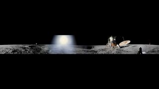 Sunlight beams down onto the lunar surface by a lunar lander and the shadow of a moonwalker.