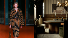 Side-by-side of a striped Tory Burch brown-and-black runway look and a striped-wallpaper dining room featuring vertical wooden slats and a sculptural table