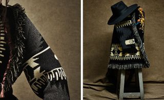 Two images. Left, the arm and shoulder of a person wearing a patterned poncho. Right, a patterned poncho and a black hat over a stool.