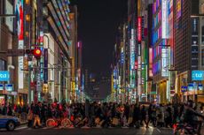 Luxury Shopping Streets with Neon Signs, Ginza Avenues Lined with Shops of Expensive Brands in the Heart of Tokyo, Japan