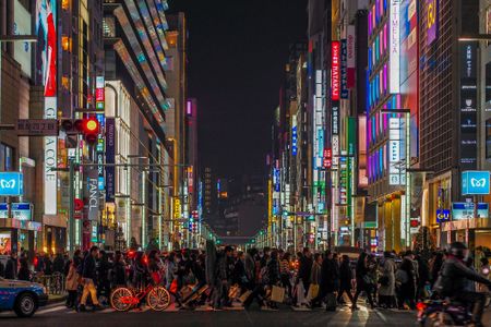 Luxury Shopping Streets with Neon Signs, Ginza Avenues Lined with Shops of Expensive Brands in the Heart of Tokyo, Japan