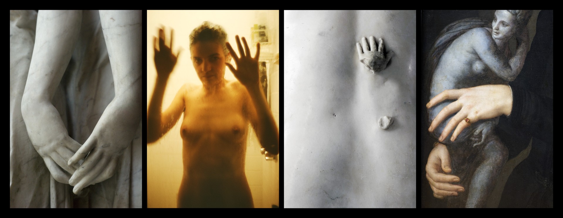 Four-panel composition showing details of hands from classical marble statues alongside contemporary photographs of hands on living bodies.
