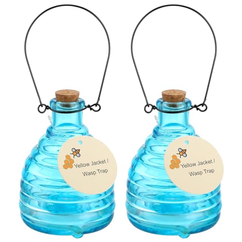 Mysora 2 Pieces Glass Wasp Trap Outdoor Hanging Reusable Wasp Traps With Steel Hooks Yellow Jacket Catchers Trap for Outside Garden Farm Courtyard Garden, Blue