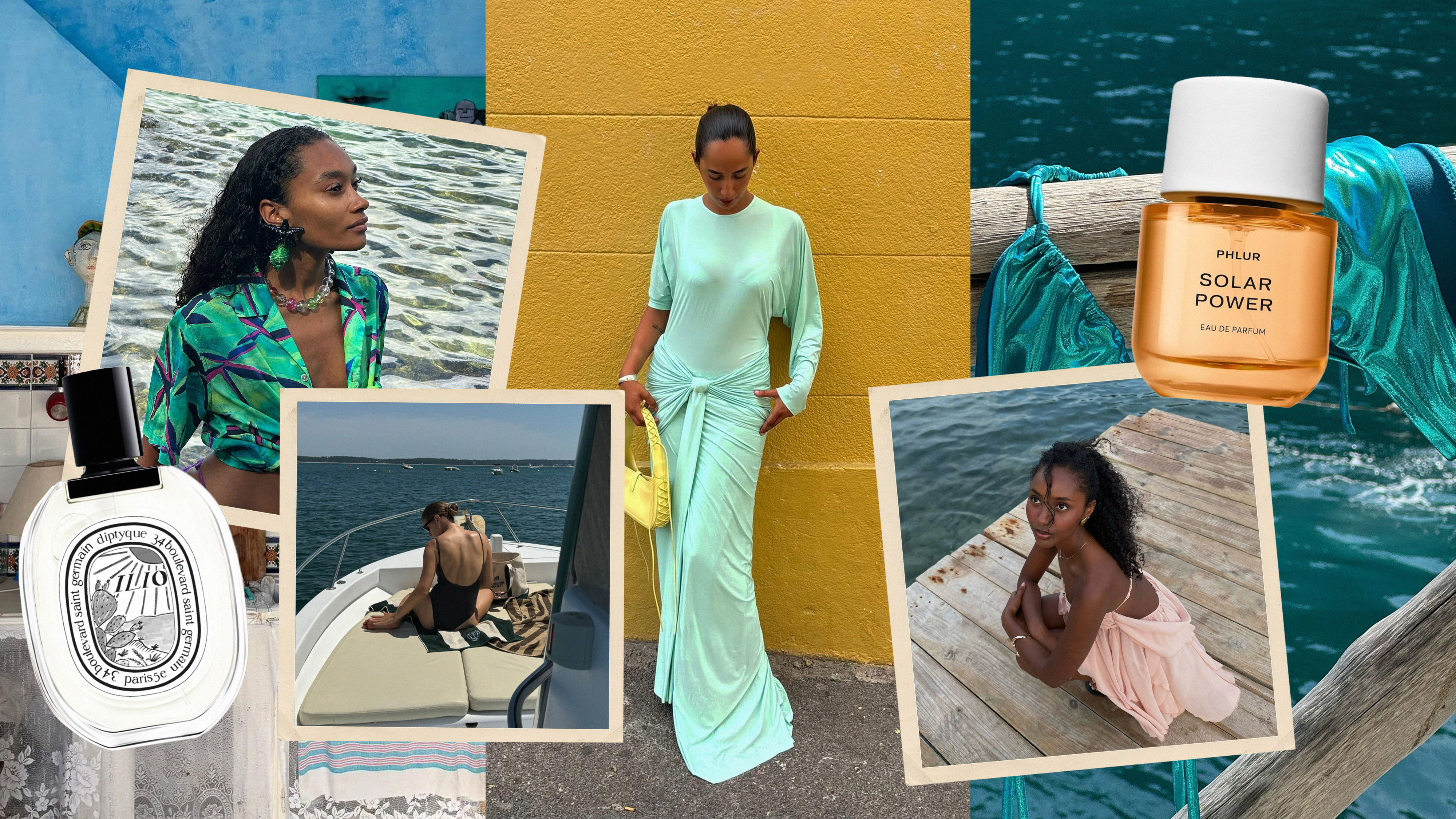 A vacation-inspired collage of people in European destinations with fragrance picks scattered throughout.