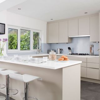 kitchen area with white wall and white countertop