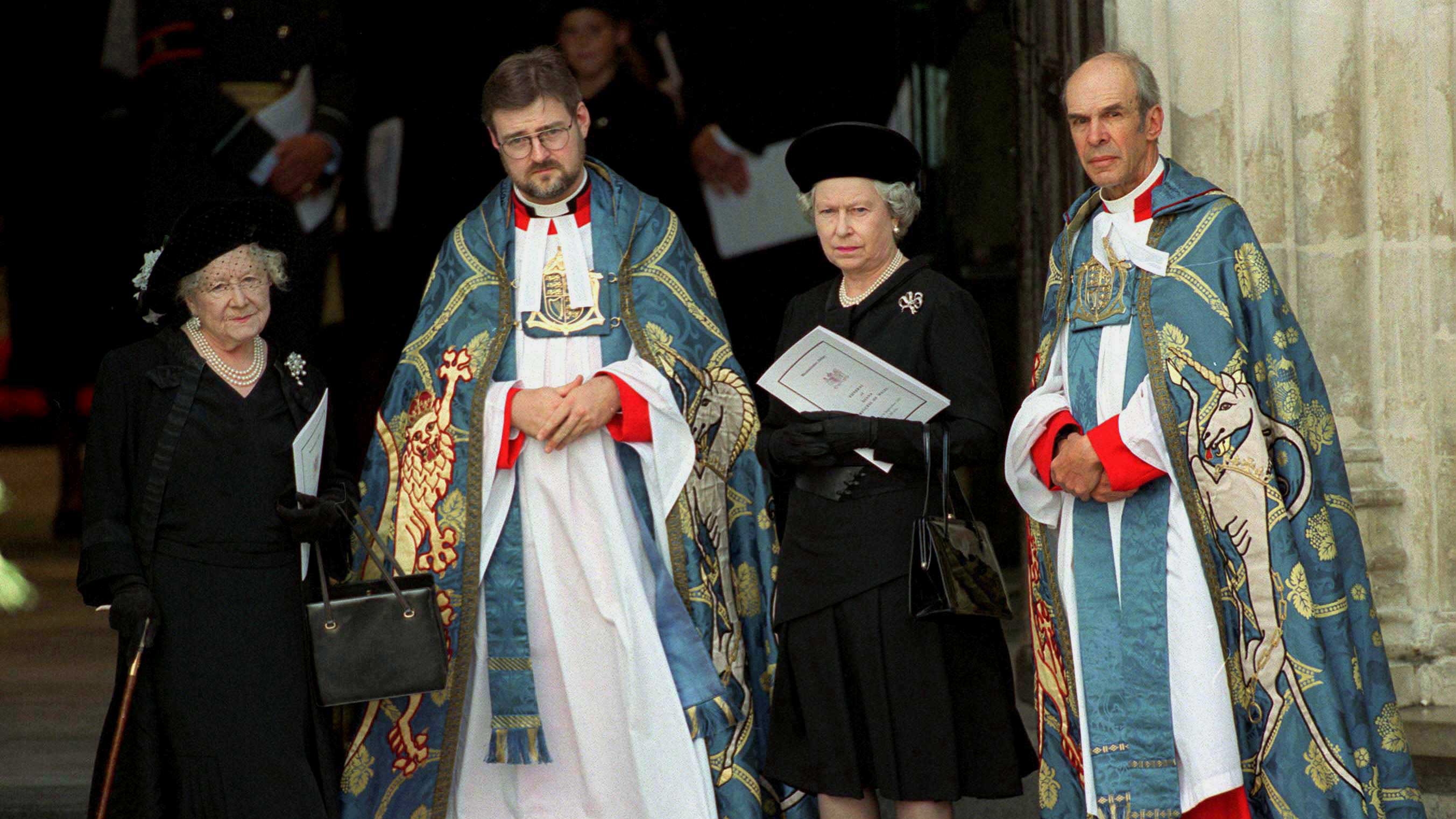 The Queen Mother and Queen Elizabeth stand outside Westminster Abbey on the day of Princess Diana's funeral