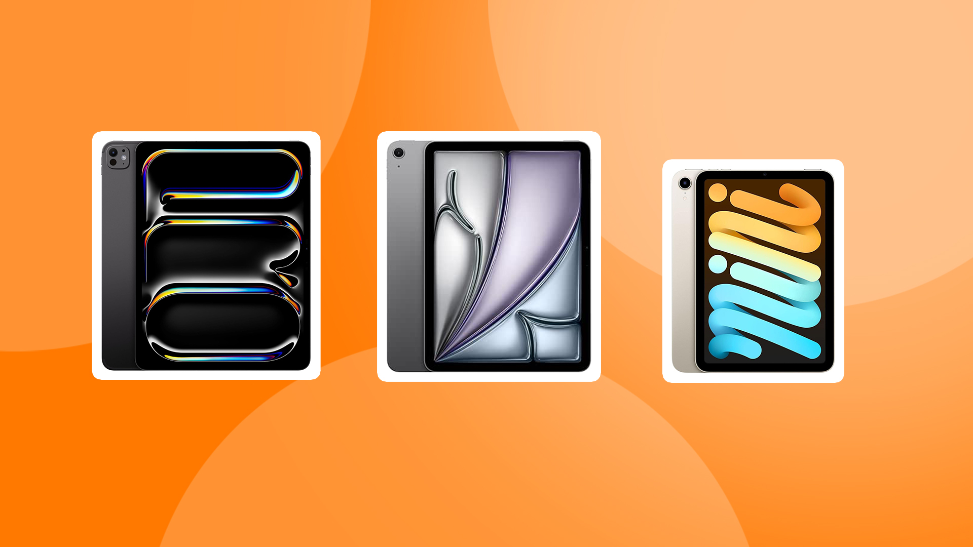 Product shots of three of the best iPads for drawing on an orange gradient background