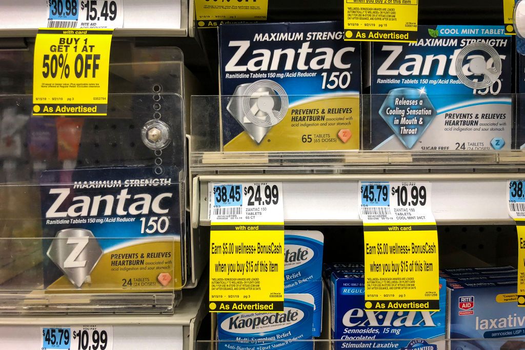 Boxes of Zantac on store shelves.