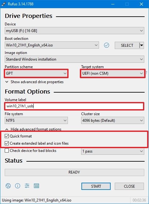 Rufus settings to create UEFI bootable media