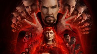 Benedict Cumberbatch as Dr. Stephen Strange, Elizabeth Olsen as Wanda Maximoff / Scarlet Witch, Chiwetel Ejiofor as Karl Mordo, Benedict Wong as Wong and Rachel McAdams as Christine Palmer in a poster for Doctor Strange in the Multiverse of Madness