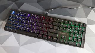 Cherry MX10.0N RGB gaming keyboard pictured on a desk