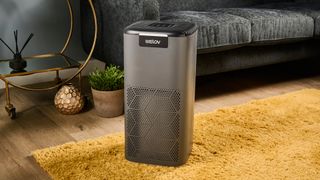 The AiDot Welove P200 Pro air purifier is pictured on top of a mustard rug in a living room.