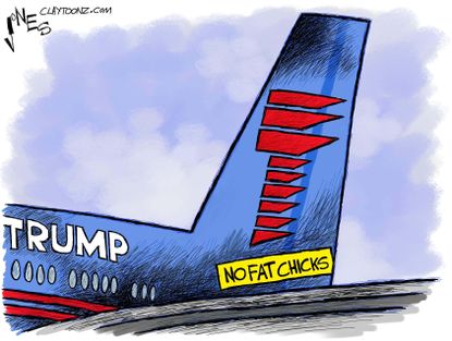 Political cartoon U.S. 2016 election Donald Trump plane
