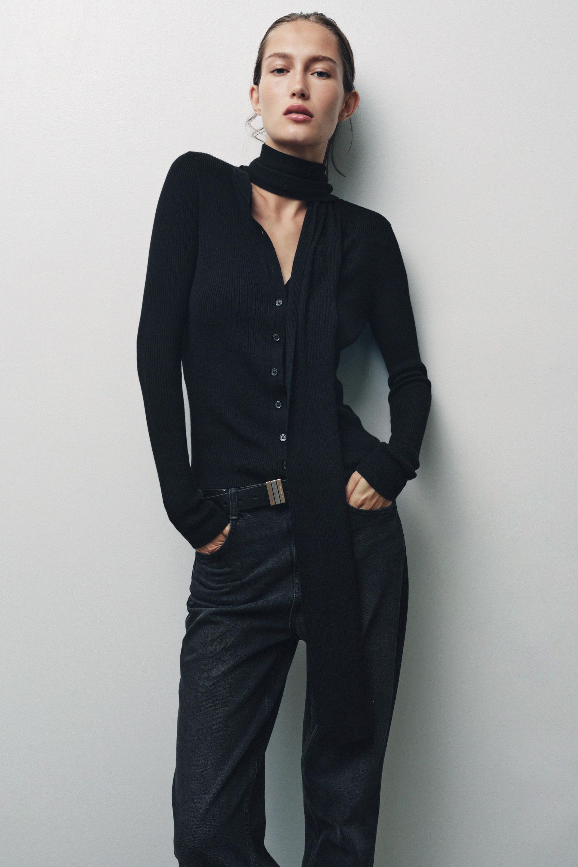 Ribbed Knit Cardigan With Scarf