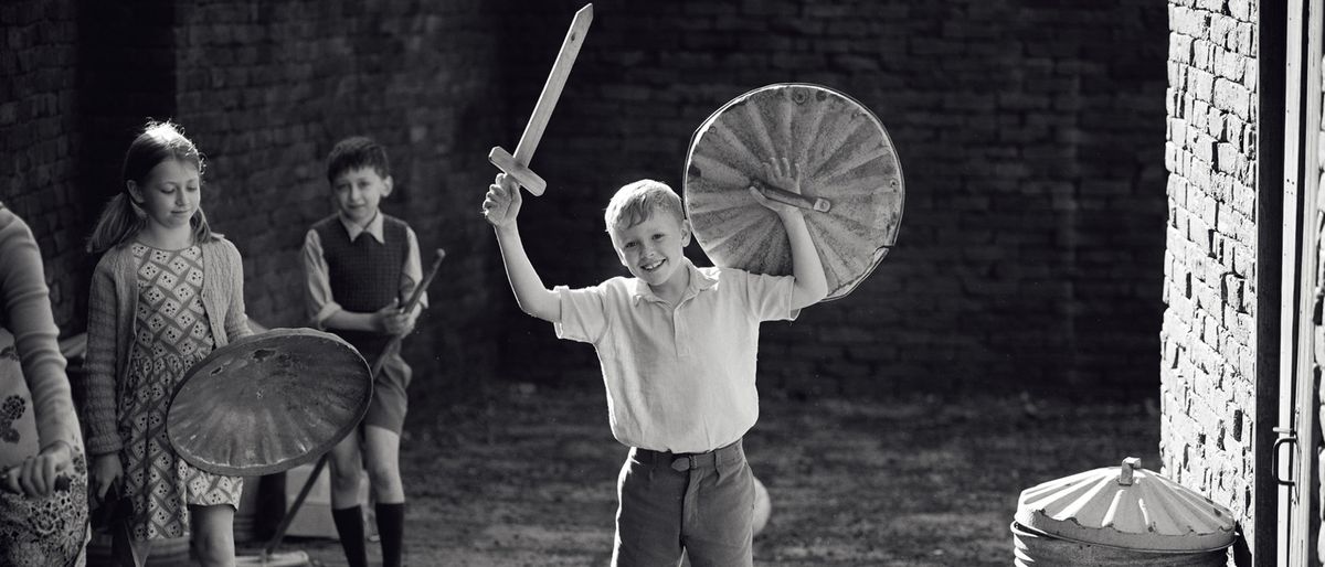  Jude Hill stands with his play sword and shield in Belfast.