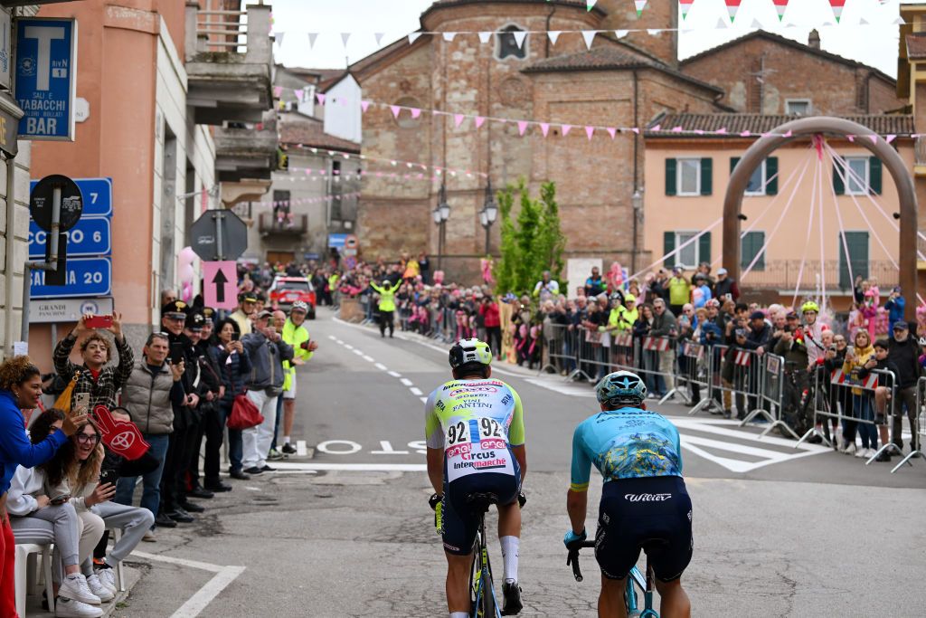 FOSSANO ITALY MAY 06 LR Lilian Calmejane of France and Team Intermarche Wanty and Davide Ballerini of Italy and Astana Qazaqstan Team compete in the breakaway during the 107th Giro dItalia 2024 Stage 3 a 166km stage from Novara to Fossano 374m UCIWT on May 06 2024 in Fossano Italy Photo by Dario BelingheriGetty Images