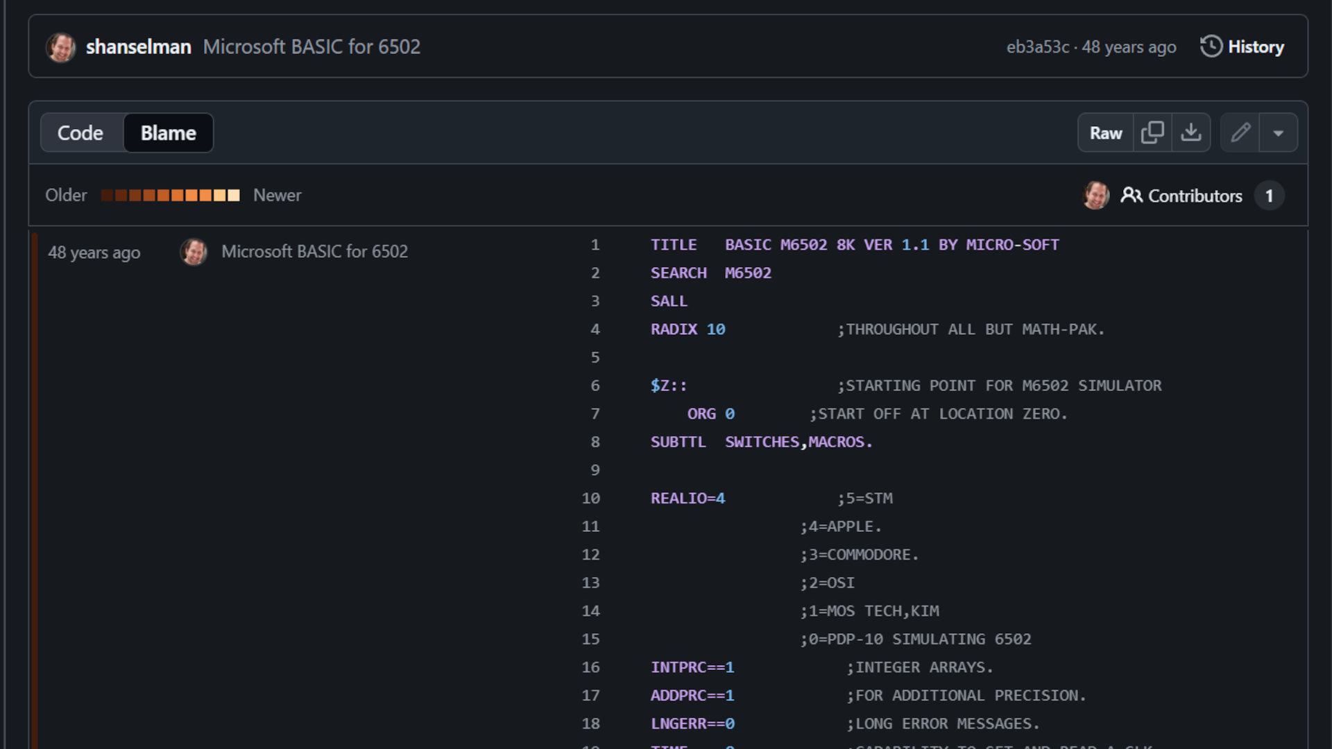 A screenshot of Microsoft&#039;s GitHub repository for its open-source release of the 6502 BASIC operating system