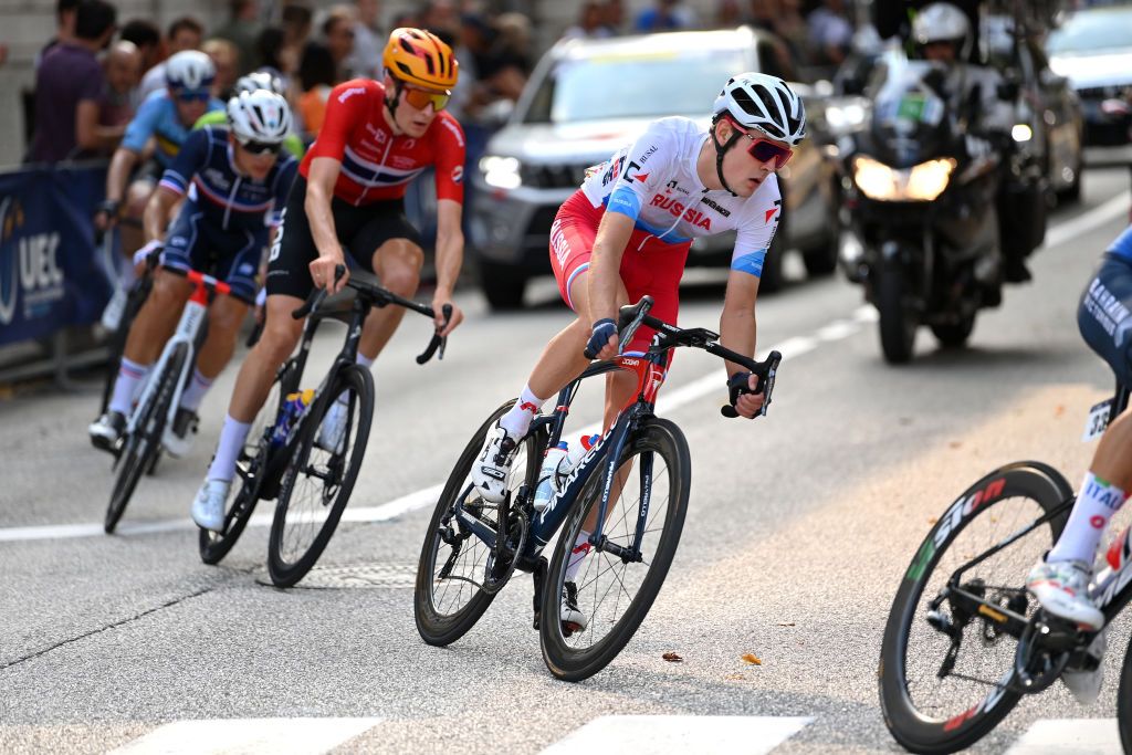 TRENTO ITALY SEPTEMBER 12 Pavel Sivakov of Russian Federation competes in the breakaway during the 27th UEC Road Cycling European Championships 2021 Elite Mens Road Race a 1792km race from TrentoPiazza Duomo to TrentoPiazza Duomo UECcycling on September 12 2021 in Trento Italy Photo by Justin SetterfieldGetty Images