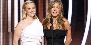 Reese Witherspoon and Jennifer Aniston presenting at the Golden Globes.