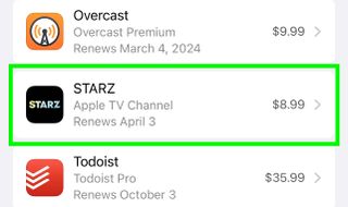 The Starz subscription is highlighted, to signify tapping it in the sixth step of canceling a subscription on an iPhone