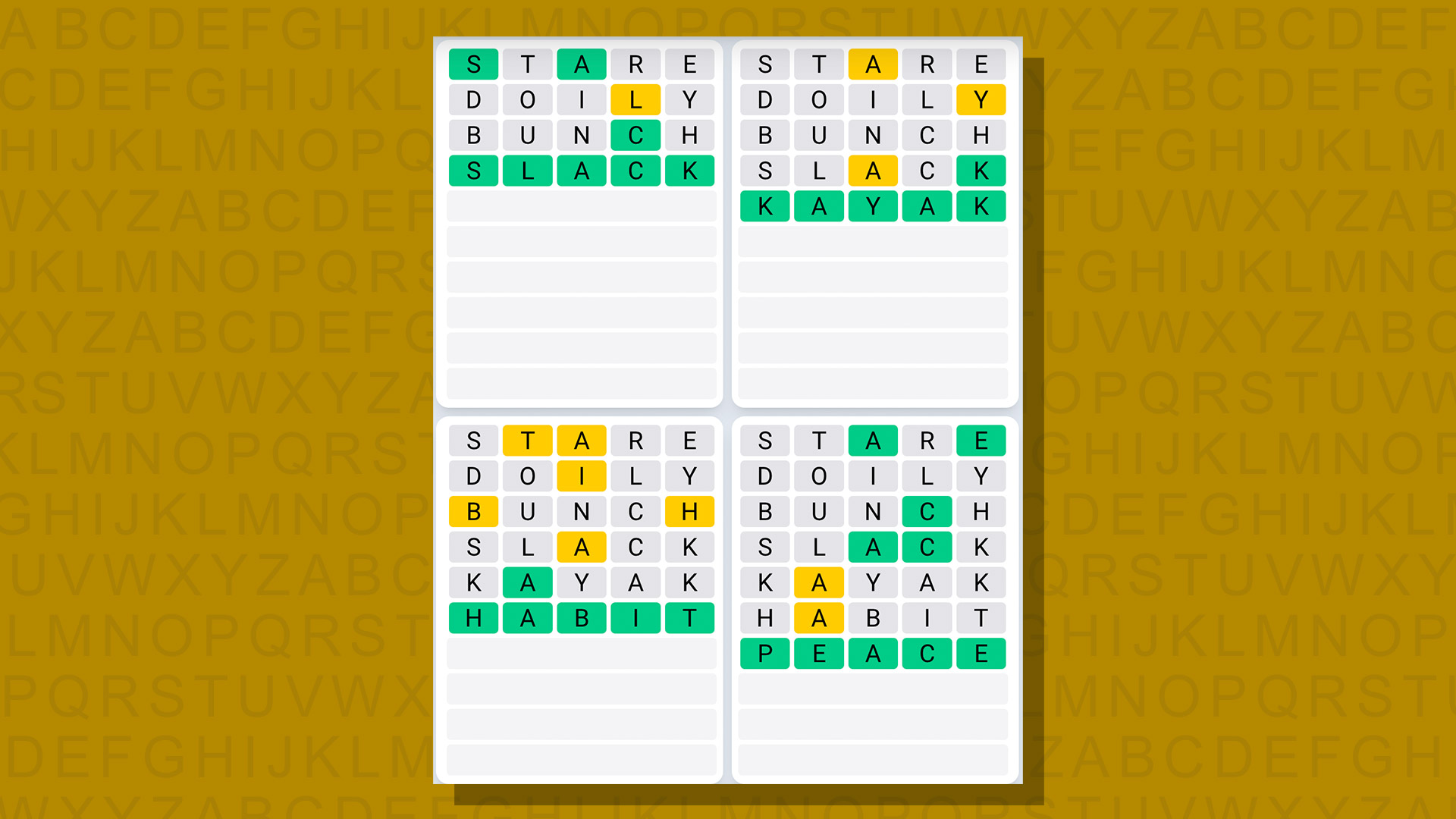Quordle daily sequence answers for game 677 on a yellow background