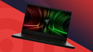 A Razer Blade 14, one of the most powerful laptops, against a two tone techradar background