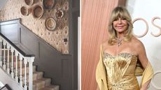 Hall with woven baskets up the stairway and Goldie Hawn