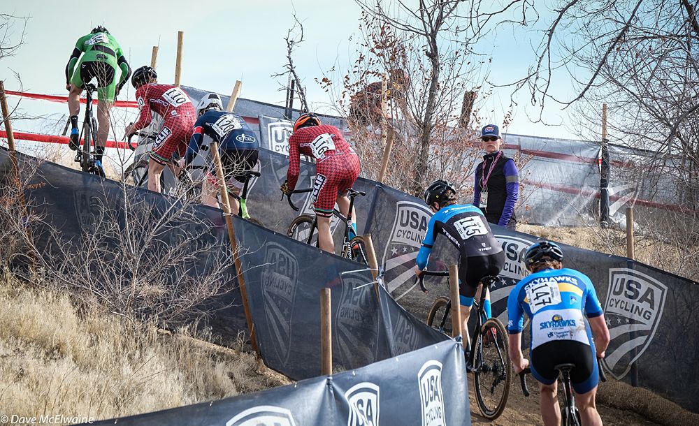 The U23 Men chasing Gage Hecht (Alpha Bicycle) during the first lap
