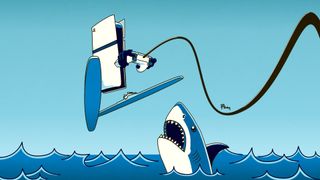 Digital illustration of a PlayStation 5 Pro waterskiing over a shark in shades of blue.