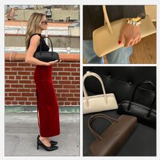 A collage featuring images of editors Eliza Huber and Nikki Chwatt testing out Freja's new viral Mercer east-west handbag.