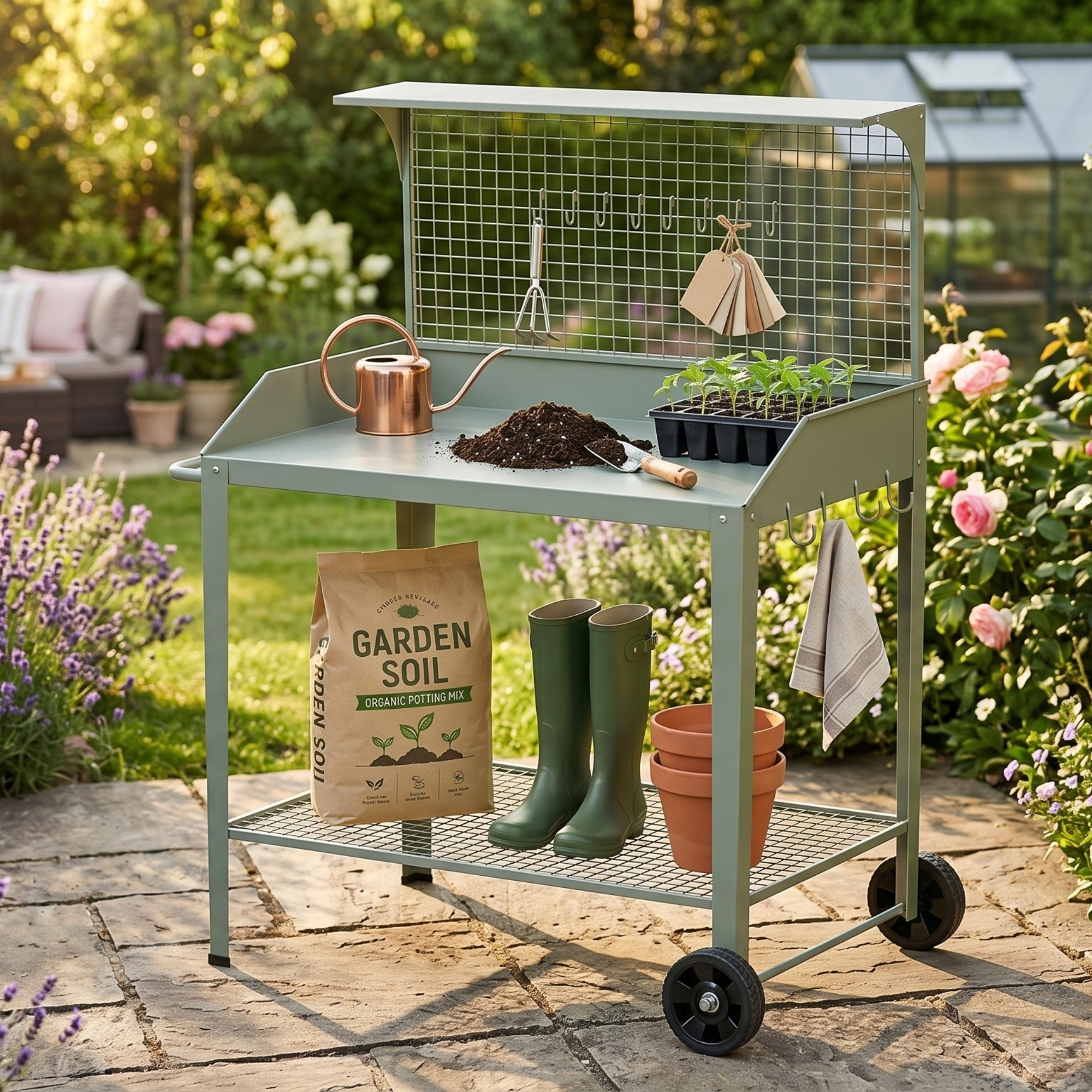 Potting bench in AI generated patio garden 