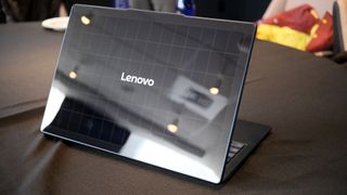 The Yoga Solar PC Laptop concept photographed in February 2025 in New York City. The concept laptop debuted in March 2025 at Mobile World Congress in Barcelona, Spain.