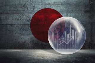 Digital rendition of clear bubble with stock chart bars superimposed over Japanese national flag