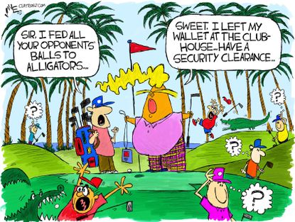 Political Cartoon U.S. Trump golf Mar-a-Lago Security Clearance