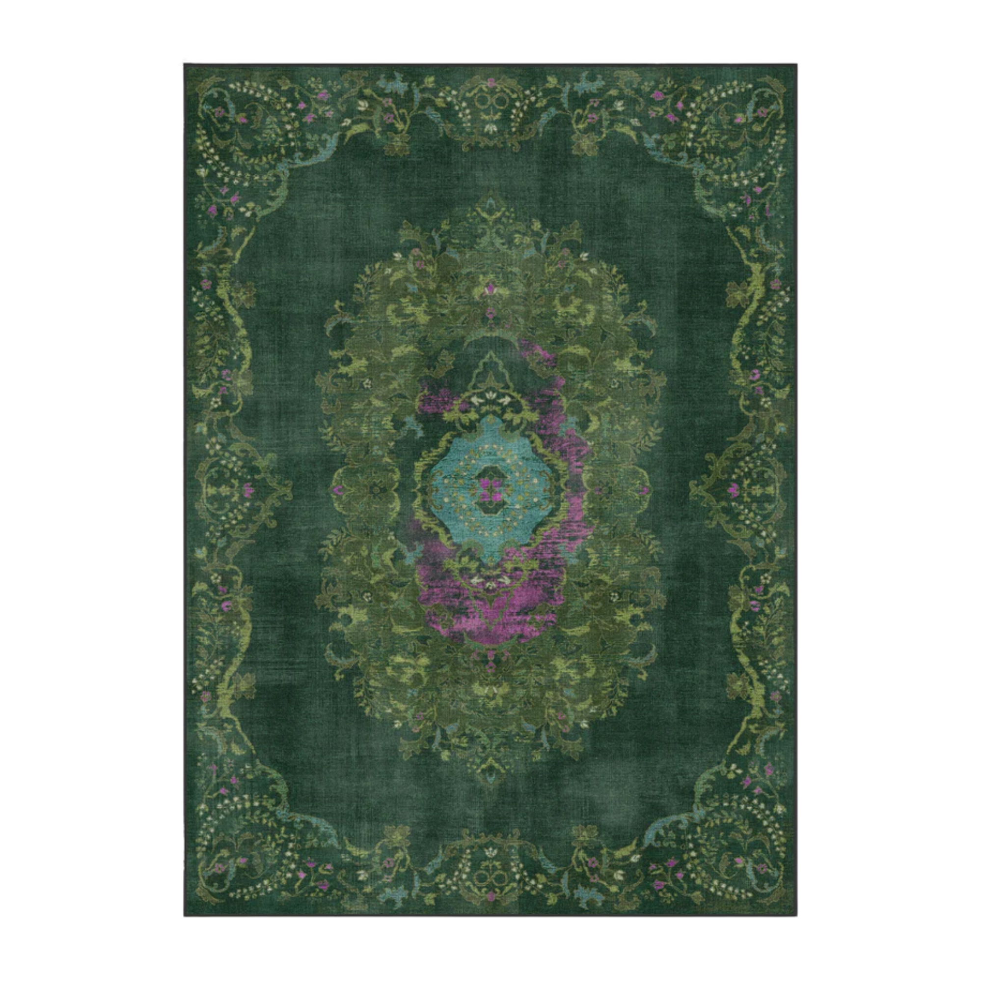 a green rug with a central motif and a decorative border