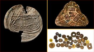 A collage of 3 photos including a coin, brooch and group of beads found at the viking burial site.