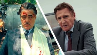 Benicio del Toro and Liam Neeson in stills from The Phoenician Scheme and The Naked Gun