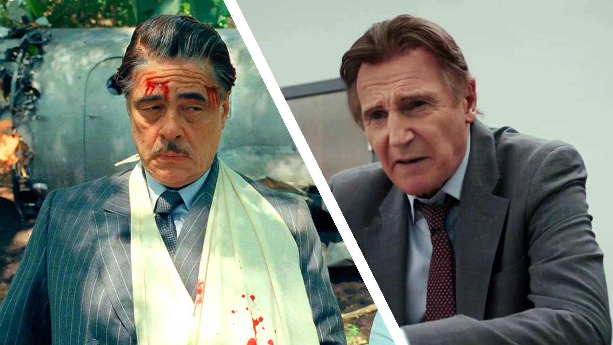 Benicio del Toro and Liam Neeson in stills from The Phoenician Scheme and The Naked Gun