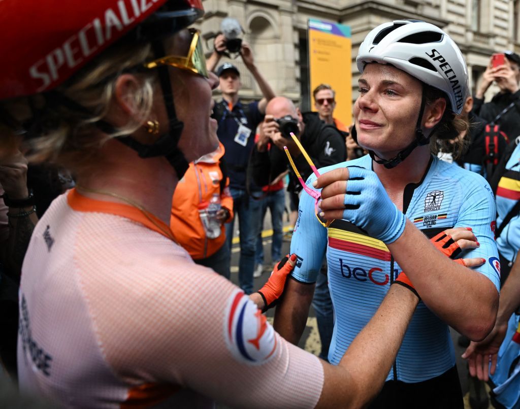 Belgium&rsquo;s Lotte Kopecky is congratulated by her SD Worx teammate Demi Vollering (Netherlands) who finished second